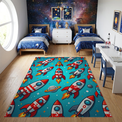 Vibrant Red Rockets Stars Whimsical Rug