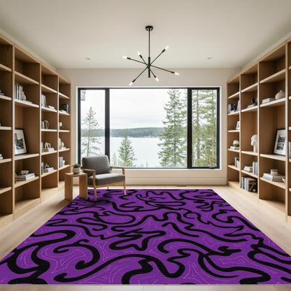 Vibrant Purple Black Swirls Abstraciton Rug