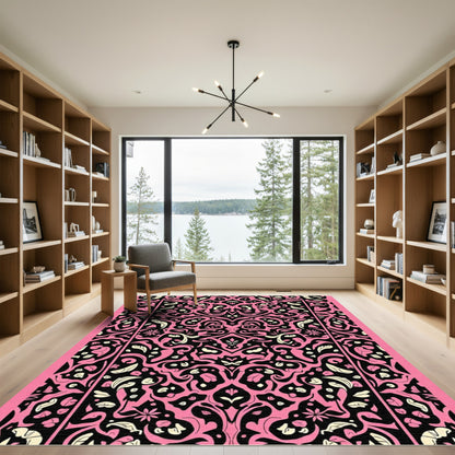 Bold Pink Black Floral Symmetry Rug