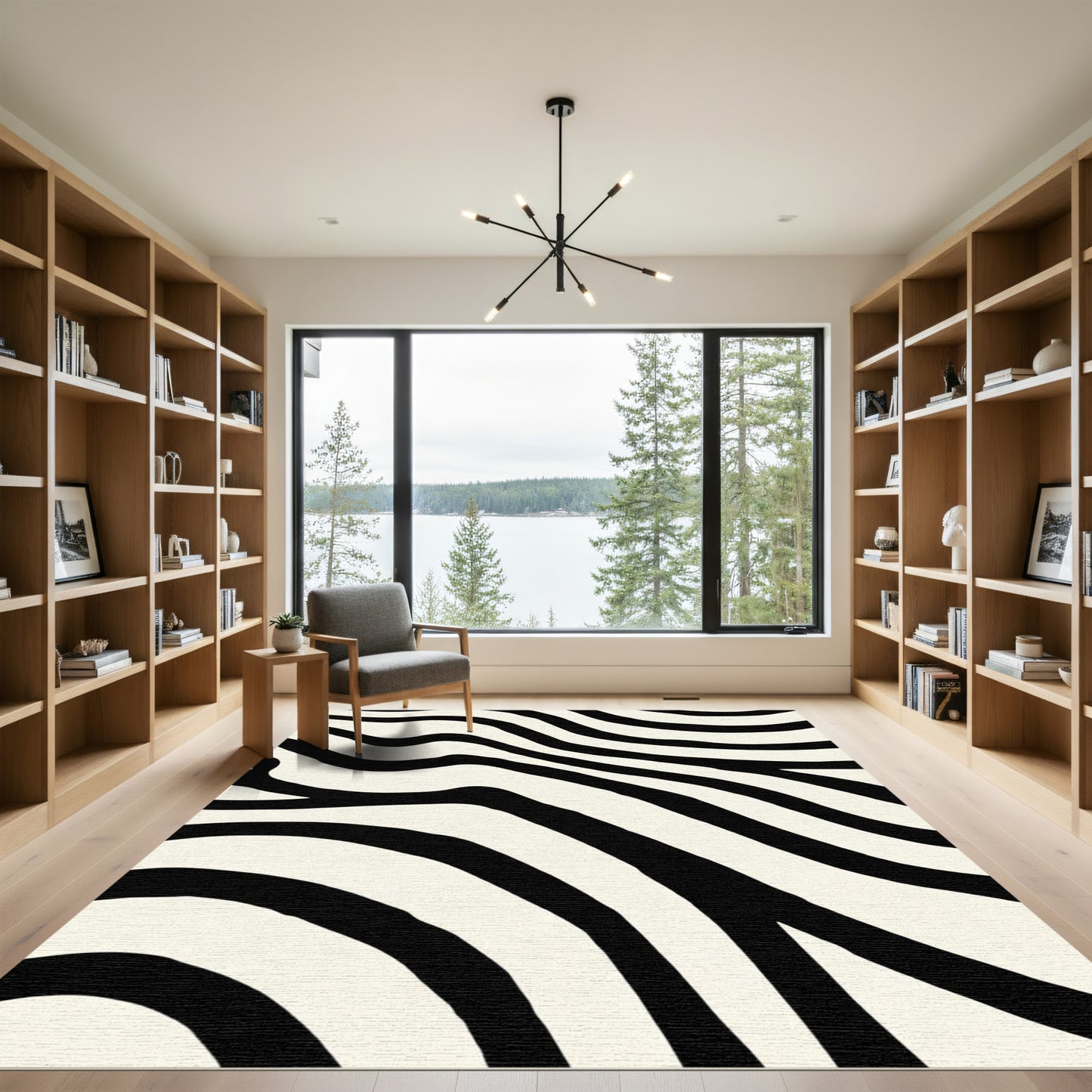 Cream And Black Curved Lines Rug