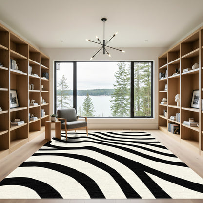 Cream And Black Curved Lines Rug
