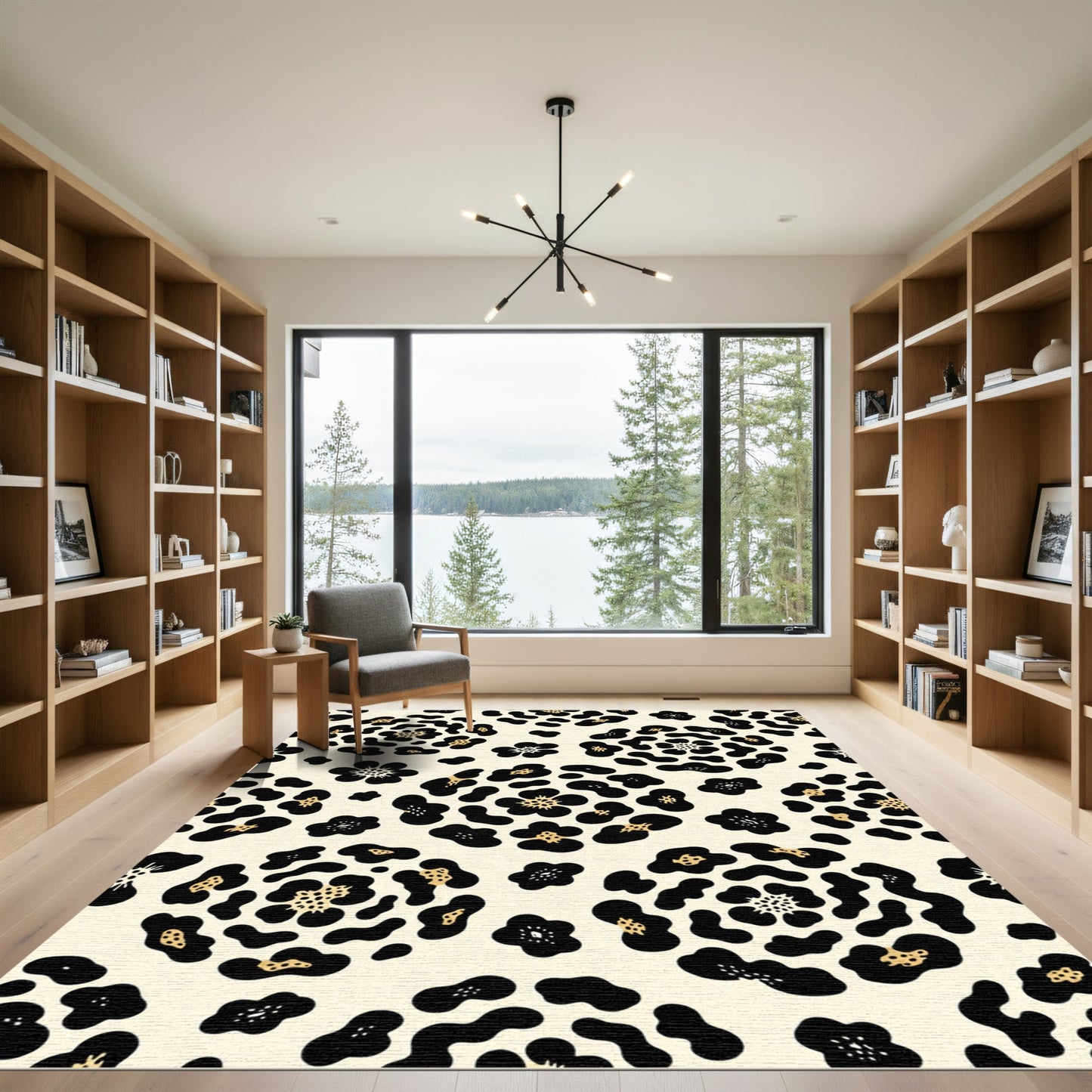 Cream and Black Leopard Floral Rug