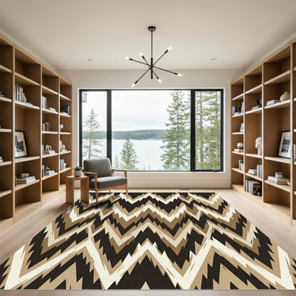 Earthy Tan Jagged Chevron Line Art Rug