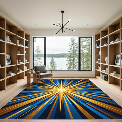 Radiant Golden Starburst Navy Burst Rug