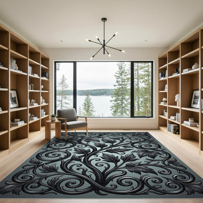 Dark Gray Ornate Scroll Foliage Rug