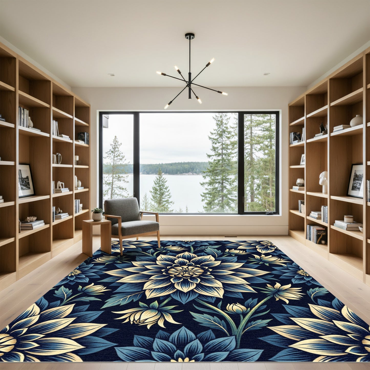 Elegant Navy and Cream Dhalia Floral Rug