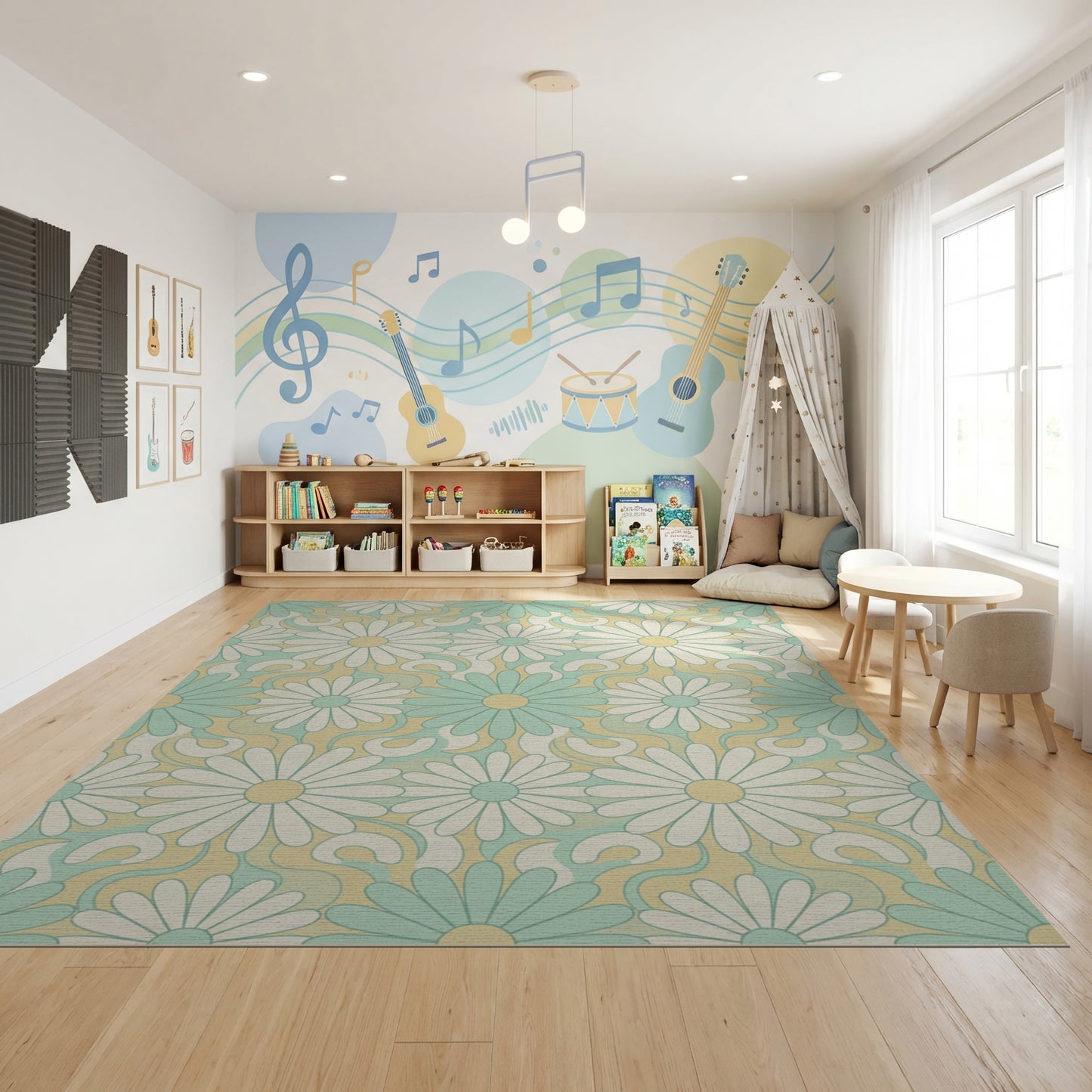 Teal White Daisy Swirl Rug