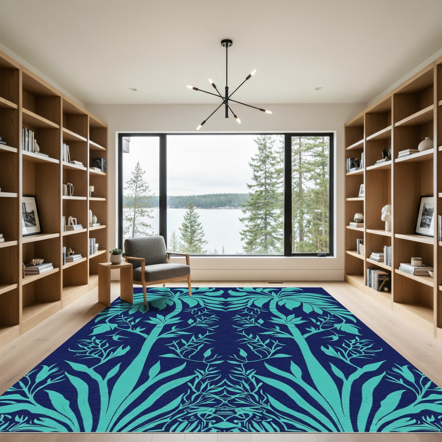 Teal Palm Foliage Symmetry Rug