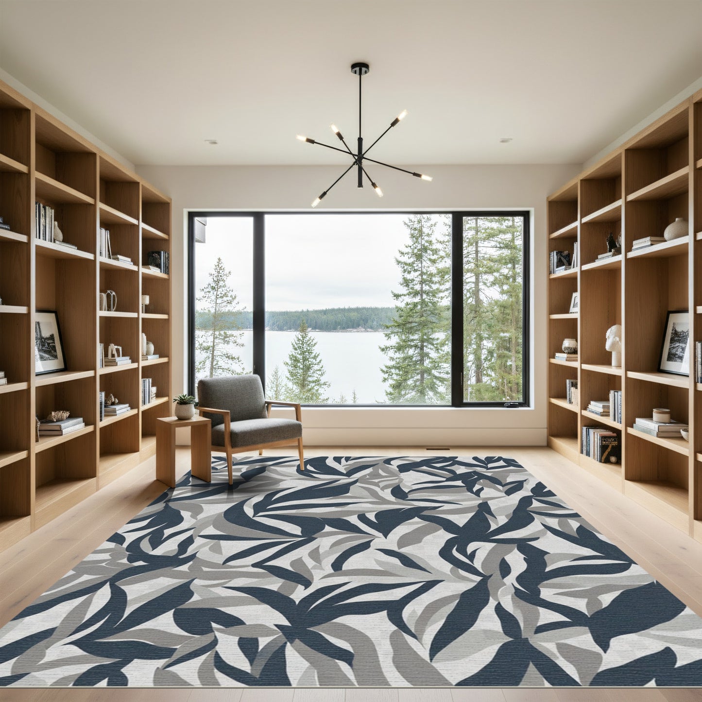 Navy Gray Leafy Abstract Cover Rug