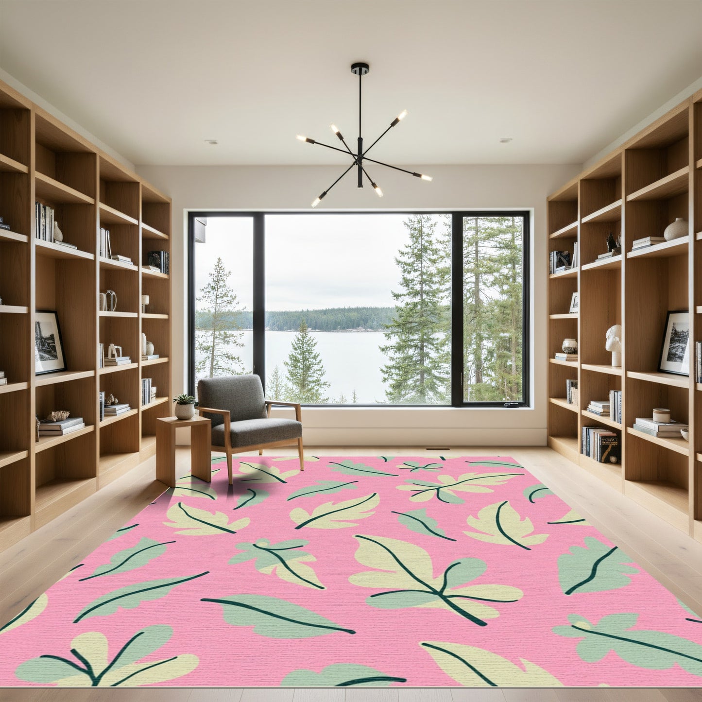 Pink Light Green Leaf Garland Rug