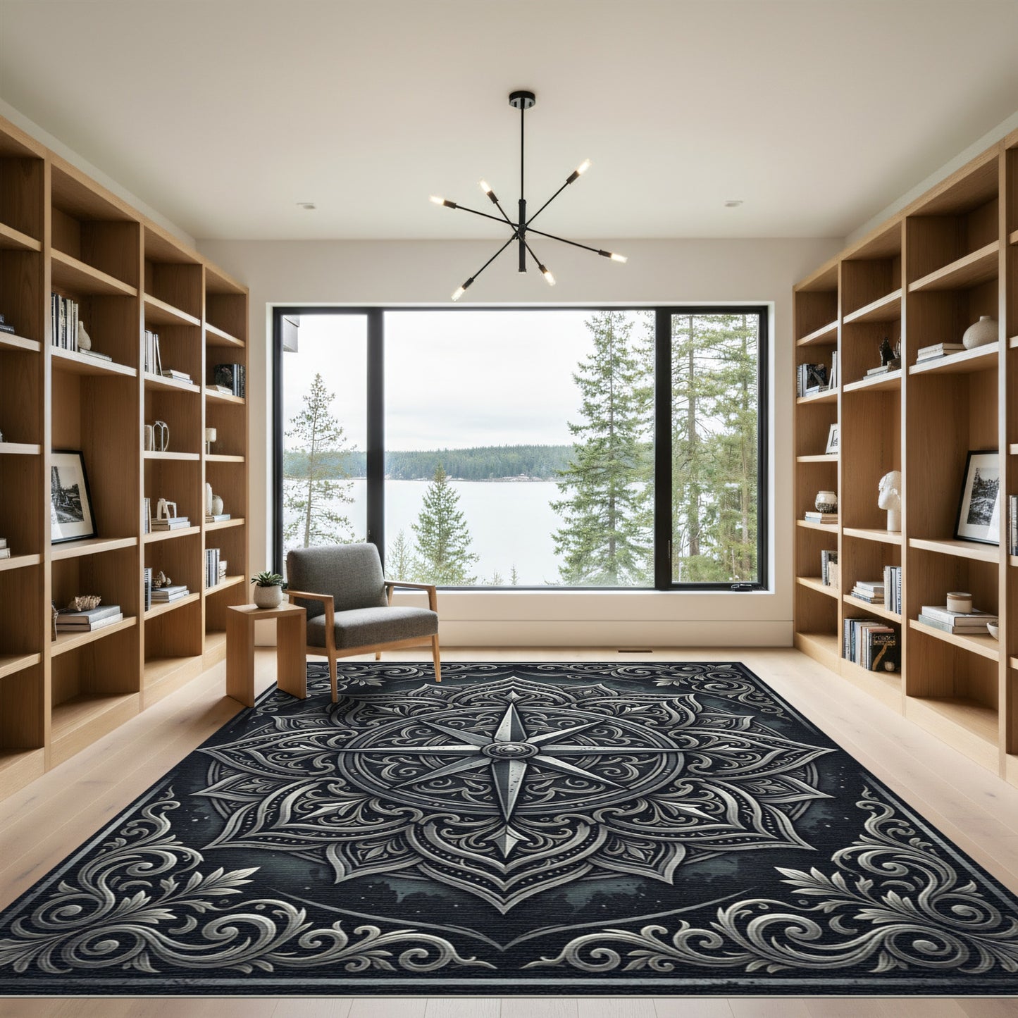 Ornate Silver Elemental Compass Medallion Rug