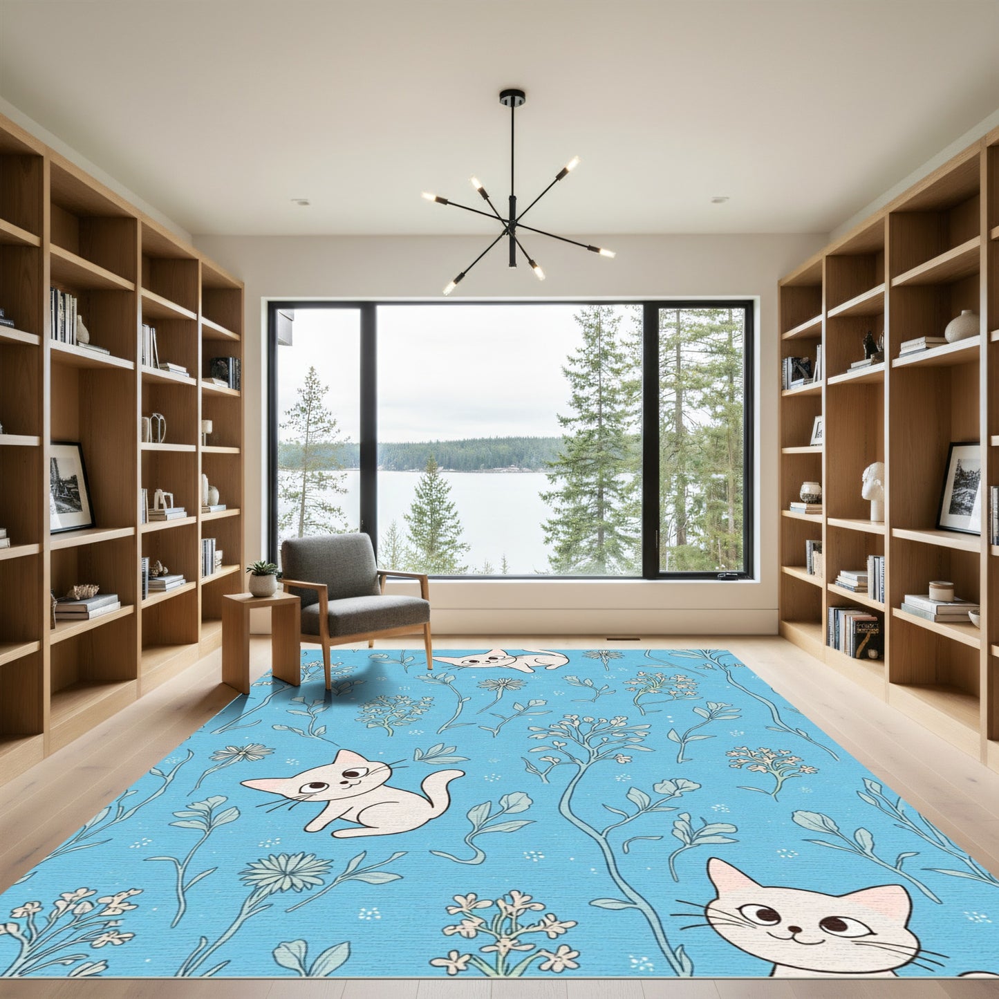 Cute Cream Cats Sky Blue Floral Fields Rug