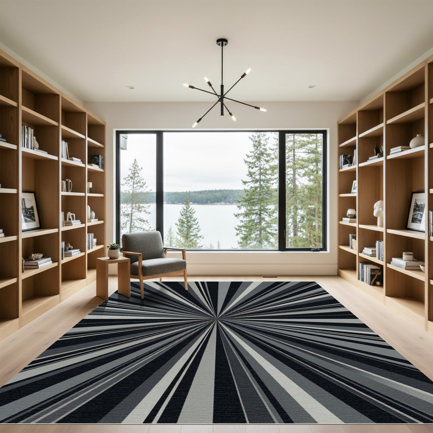 Modern Gray Sunburst Ray Rug