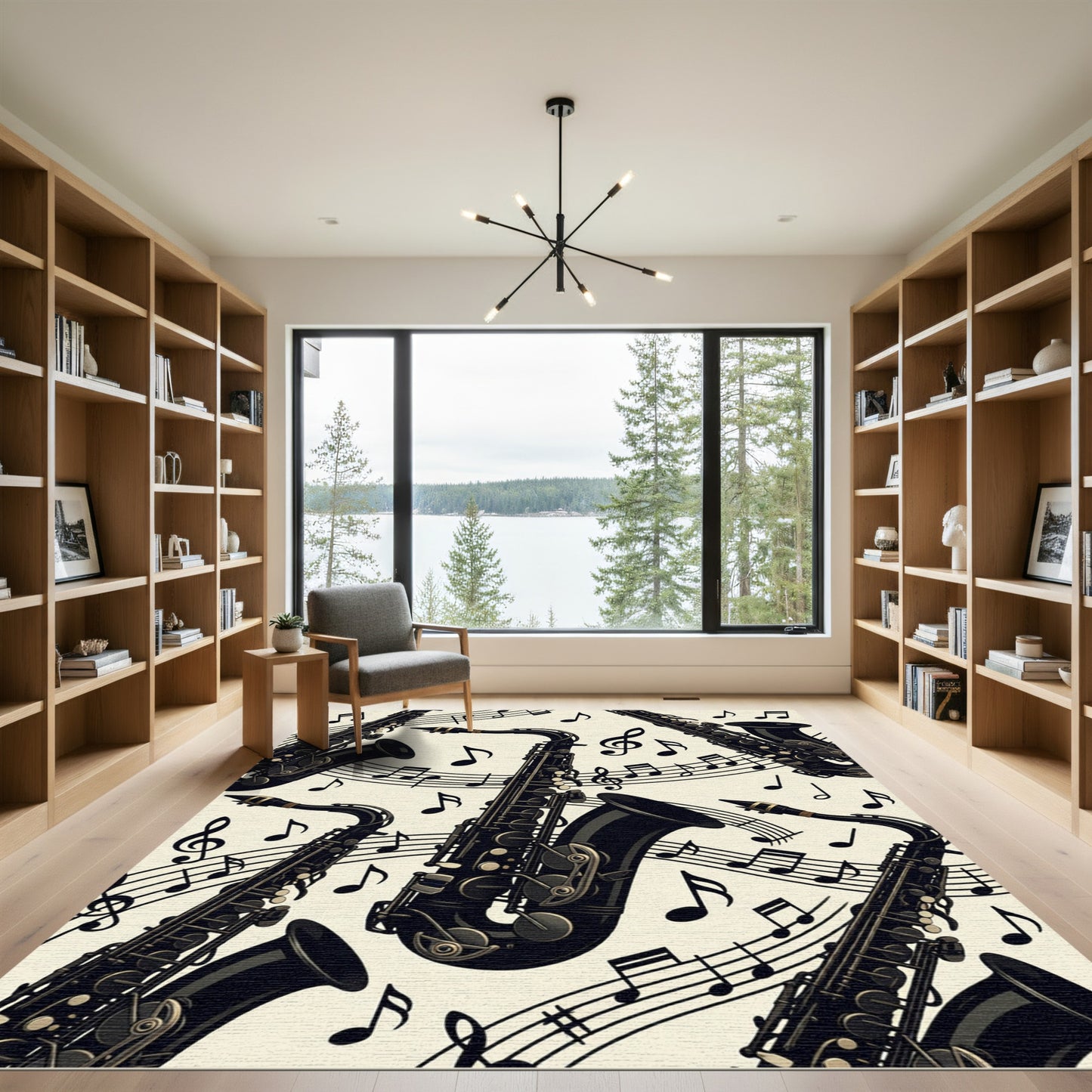 Artistic Black Saxophone And Musical Notes Rug