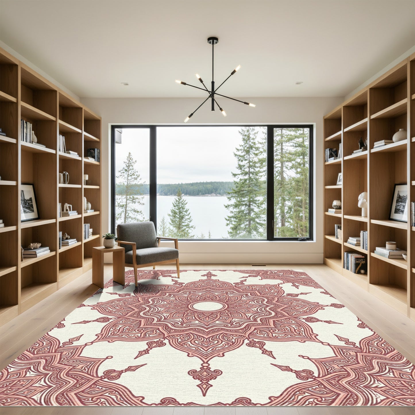 Elegant Dusty Rose Linear Medallion Rug
