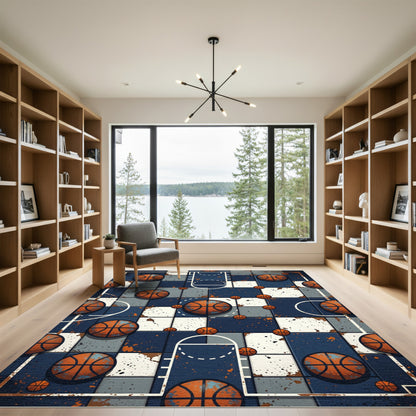 Distressed Blue Basketball Grid Sport Art Rug