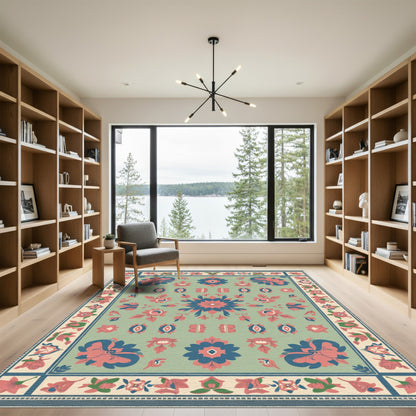 Sage Blue Coral Floral medallion Art Rug