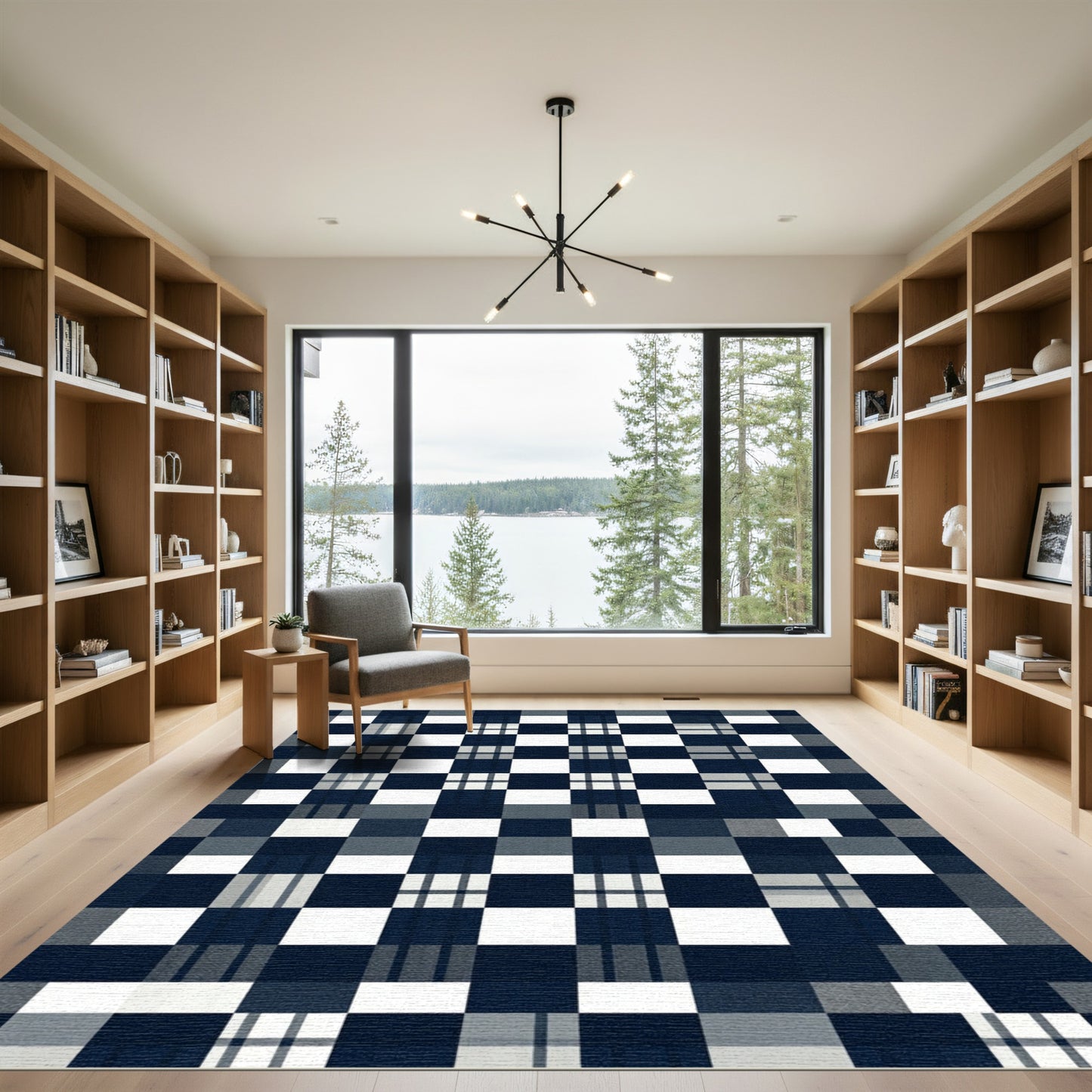 Modern Navy and White Buffalo Check Rug