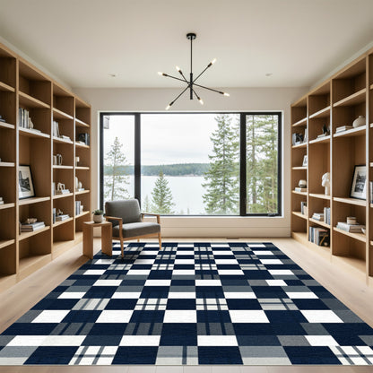 Modern Navy and White Buffalo Check Rug