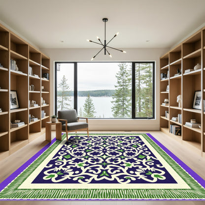 Indigo Cream Green Floral Mandala Rug