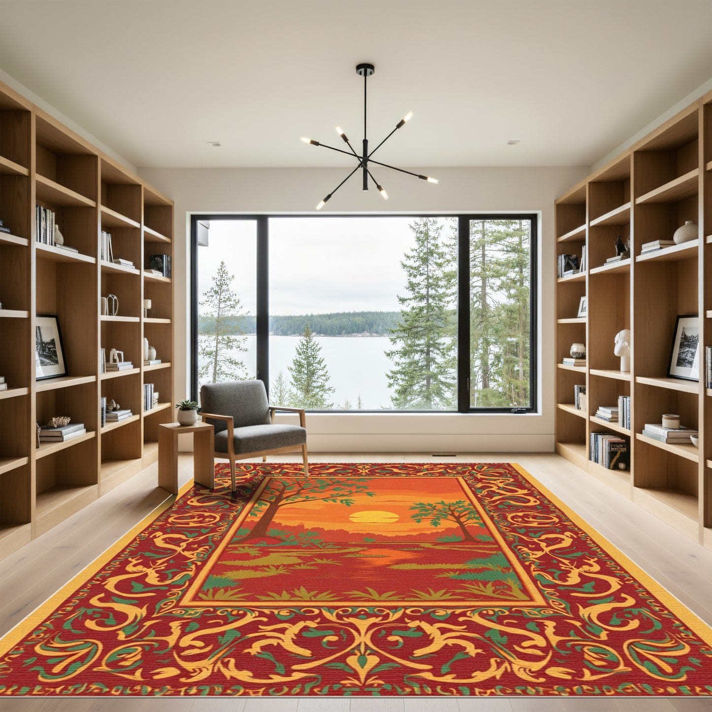 Sunset River Landscape Ornate Border Rug