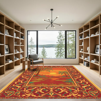 Sunset River Landscape Ornate Border Rug
