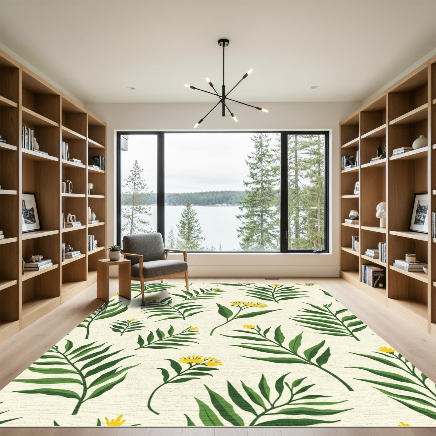 Green Frond Yellow Bloom Botanical Repeat Rug