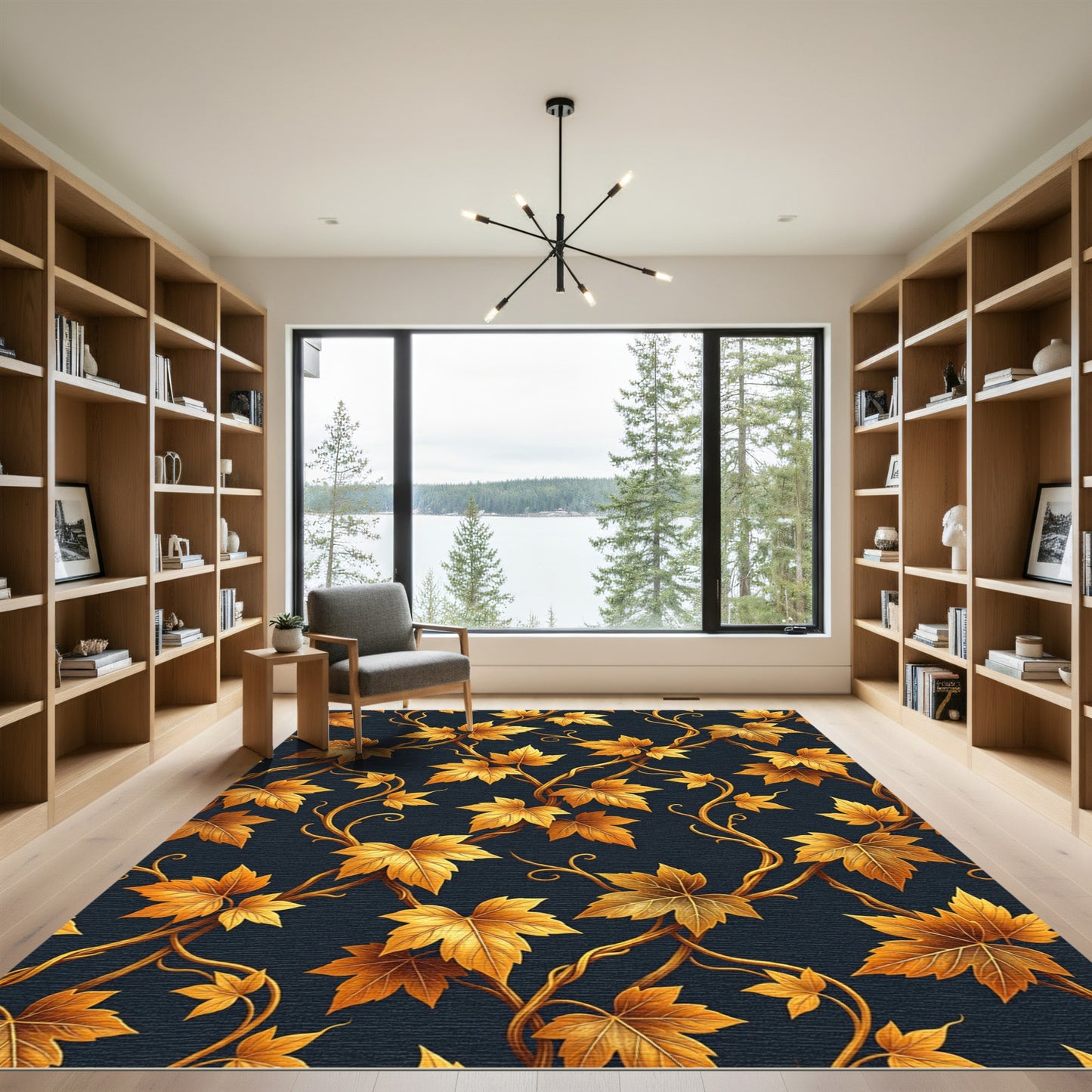 Golden Leaf Vine Dark Background Rug