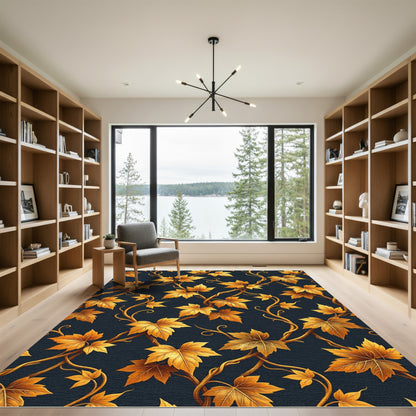 Golden Leaf Vine Dark Background Rug