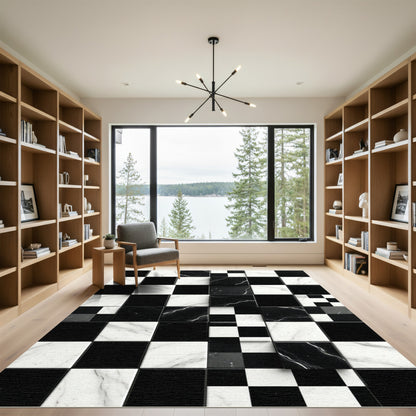 Black White Marble Checkerboard Squares Rug