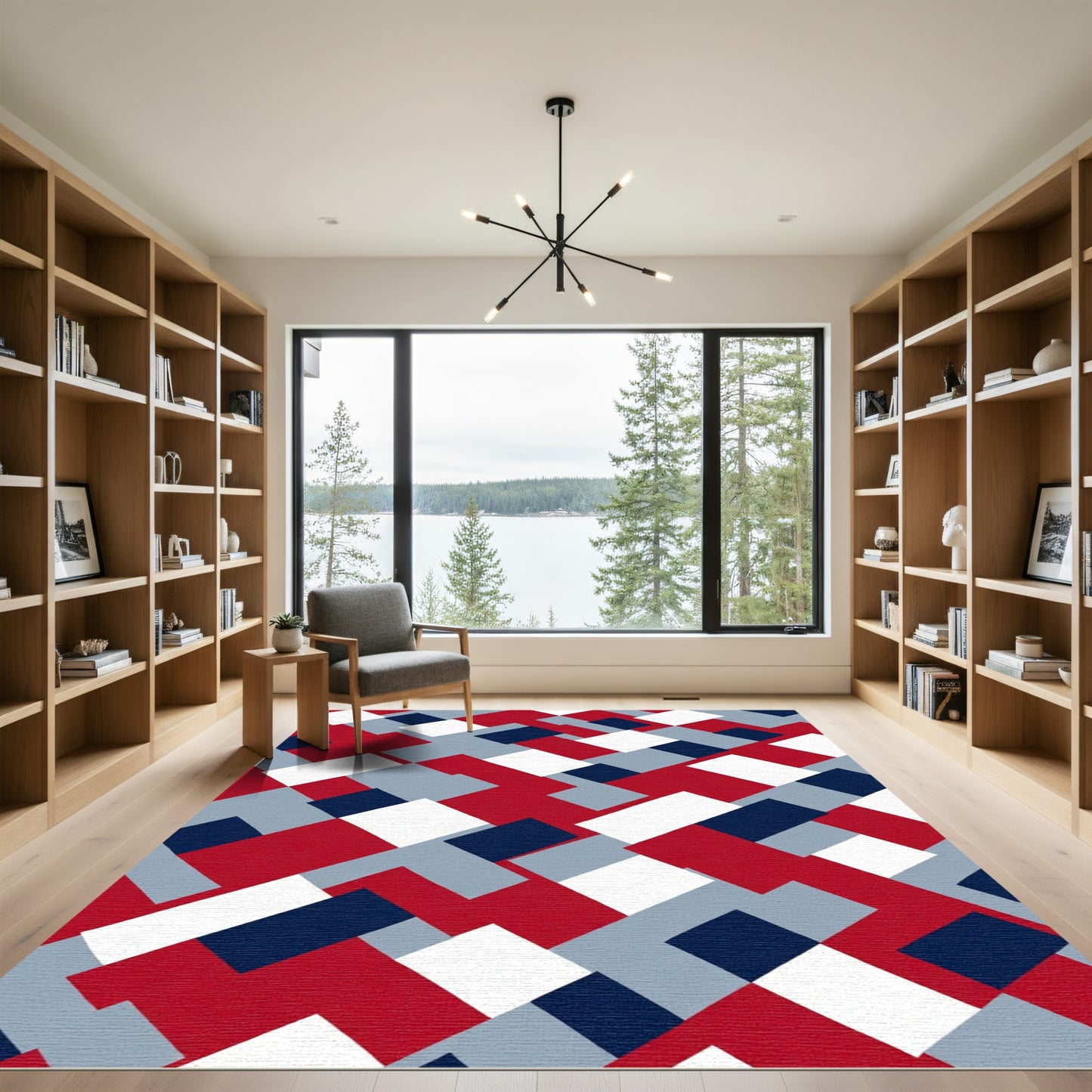 Red Navy Gray Abstract Blocks Rug
