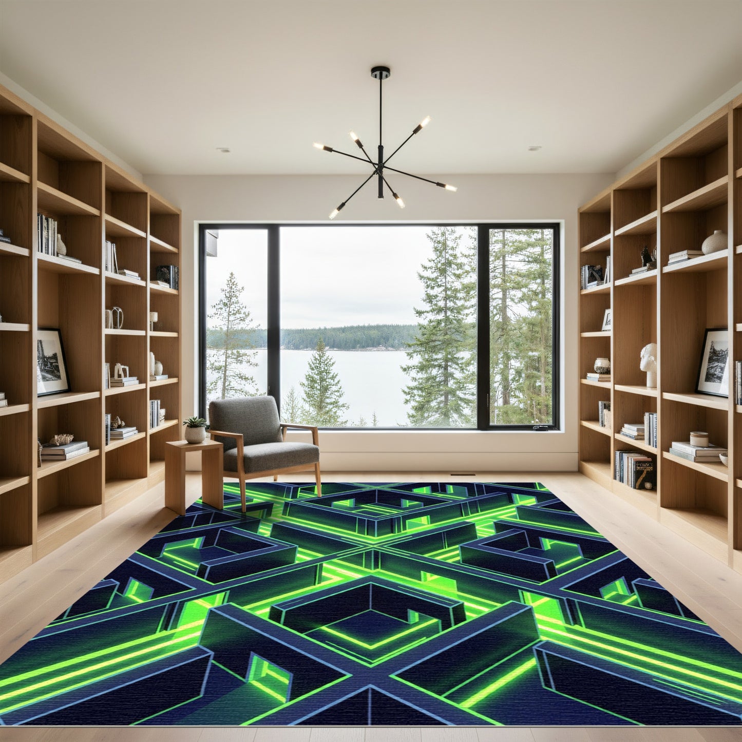 Neon Cyber Labyrinth Geometric Grid Rug