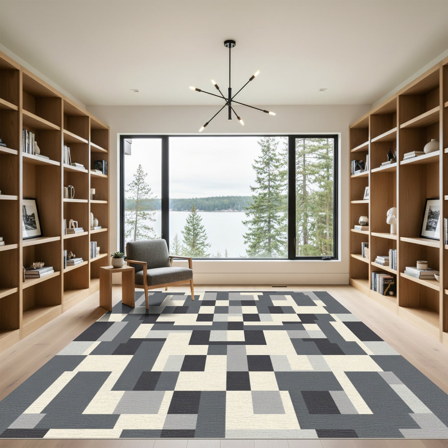 Cool Neutral Palette Geometric Block Rug