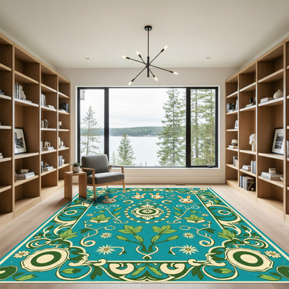 Teal Floral Rabbit Courtly Arrangement Rug