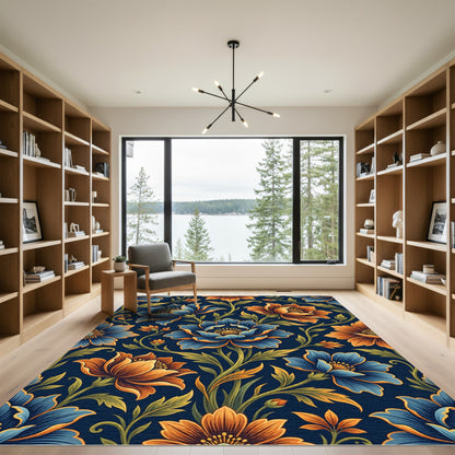 Midnight Blue and Golden Floral Bloom Rug