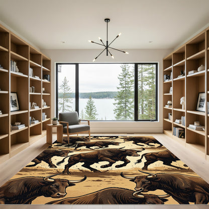 Dynamic Charging Bull Herd Earth Tones Rug
