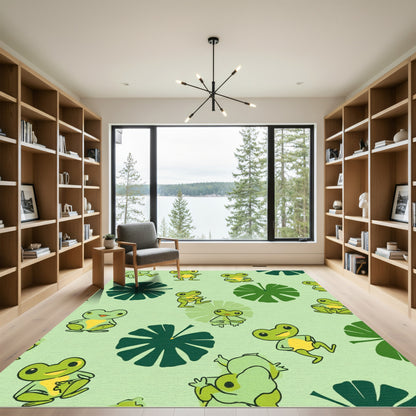 Cute Green Frogs Lily Pad Illustration Rug