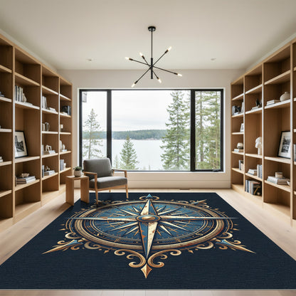 Antique Nautical Compass Navy Gold Rug