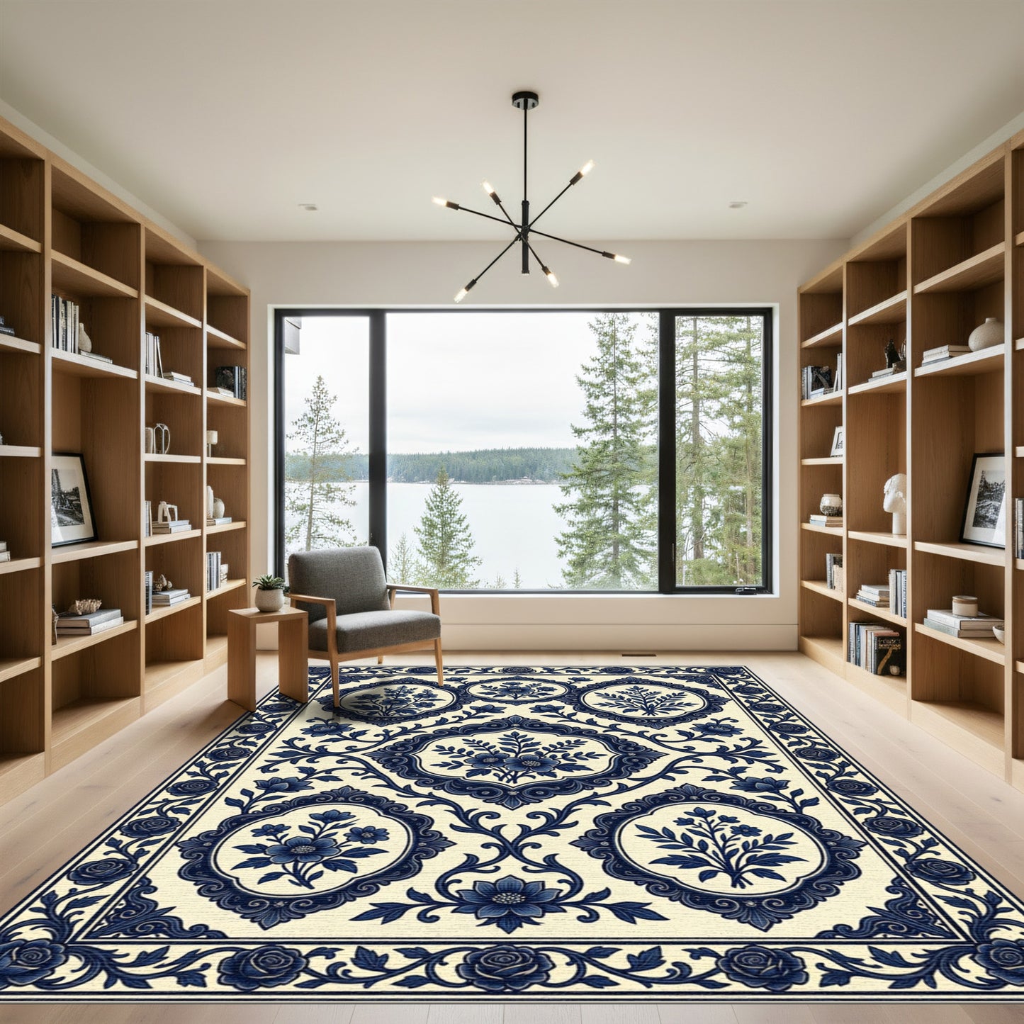 Navy Blue Floral Baroque Medallion Decor Rug