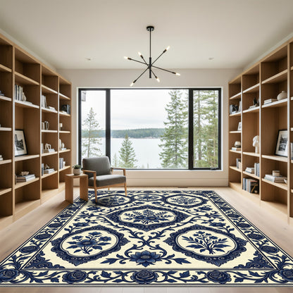 Navy Blue Floral Baroque Medallion Decor Rug