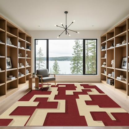 Crimson Beige Abstract Interlocking Shapes Rug