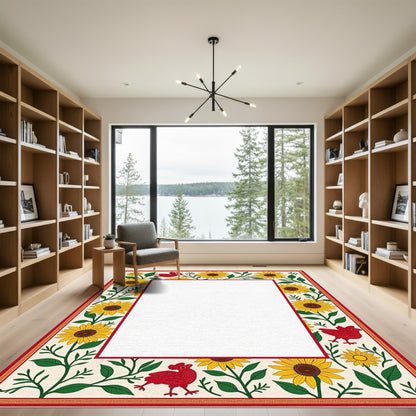 Golden Sunflower Rooster Border Rug