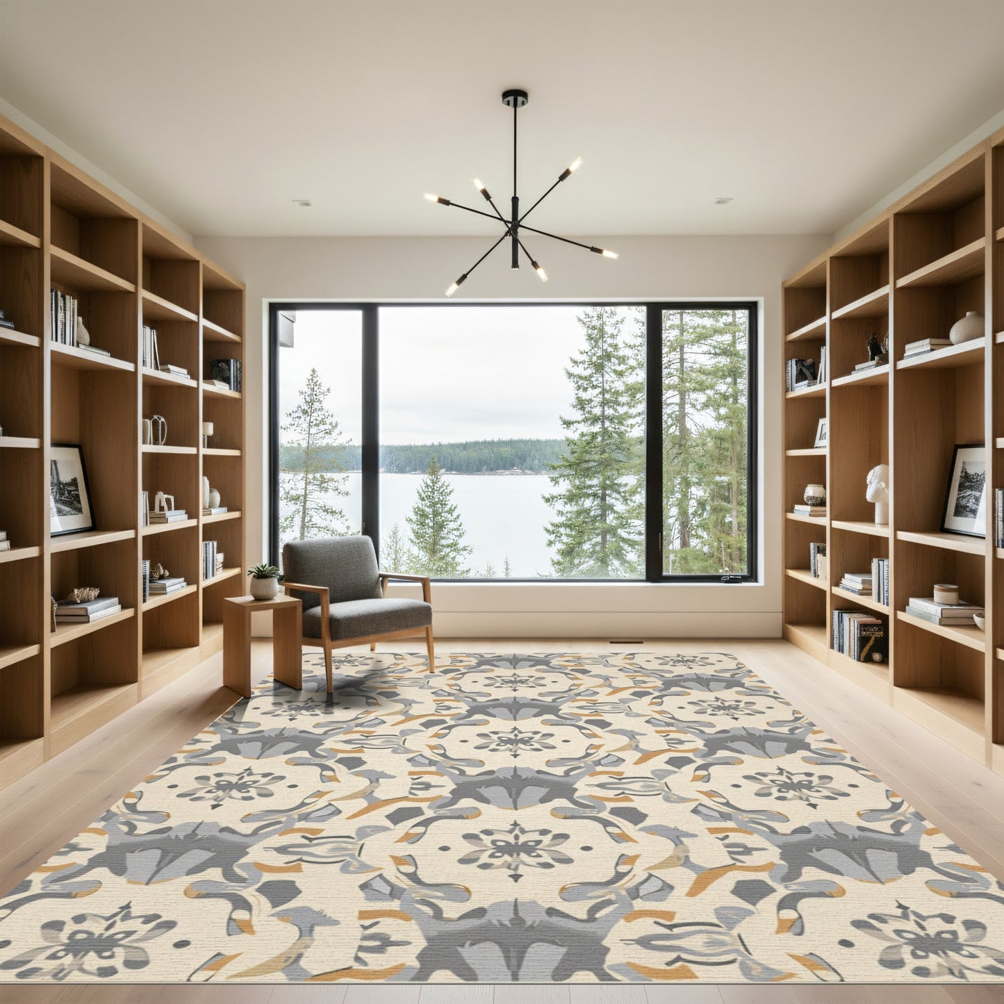 Cream and Gray Stylized Floral Medallion Rug