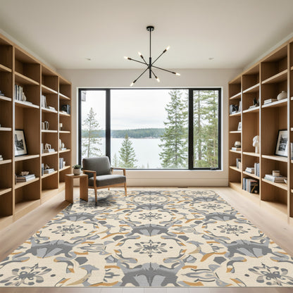 Cream and Gray Stylized Floral Medallion Rug