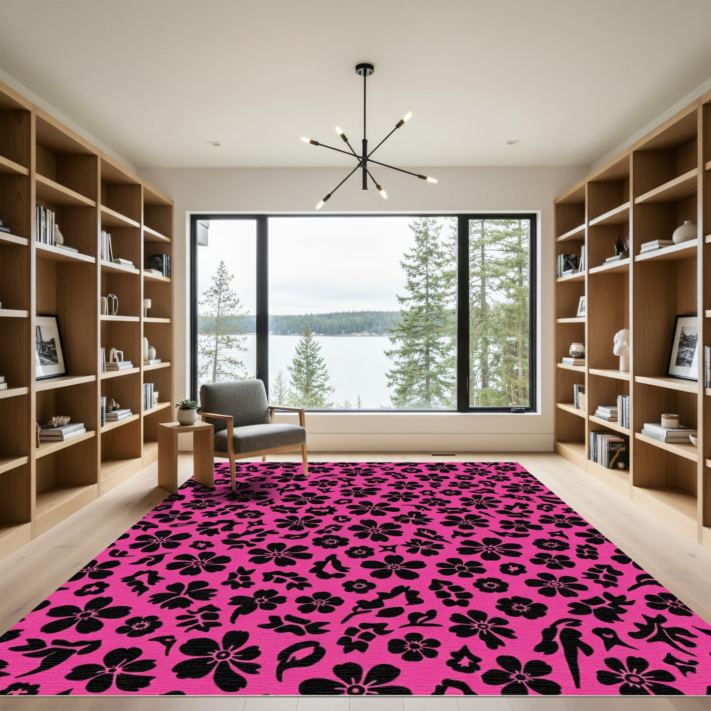 Hot Pink Black Floral Scatter Rug
