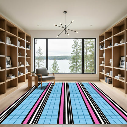 Pink Blue Black White Stripe Grid Rug