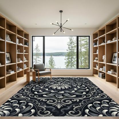 Monochrome Gothic Chrysanthemum Medallion Ornament Rug