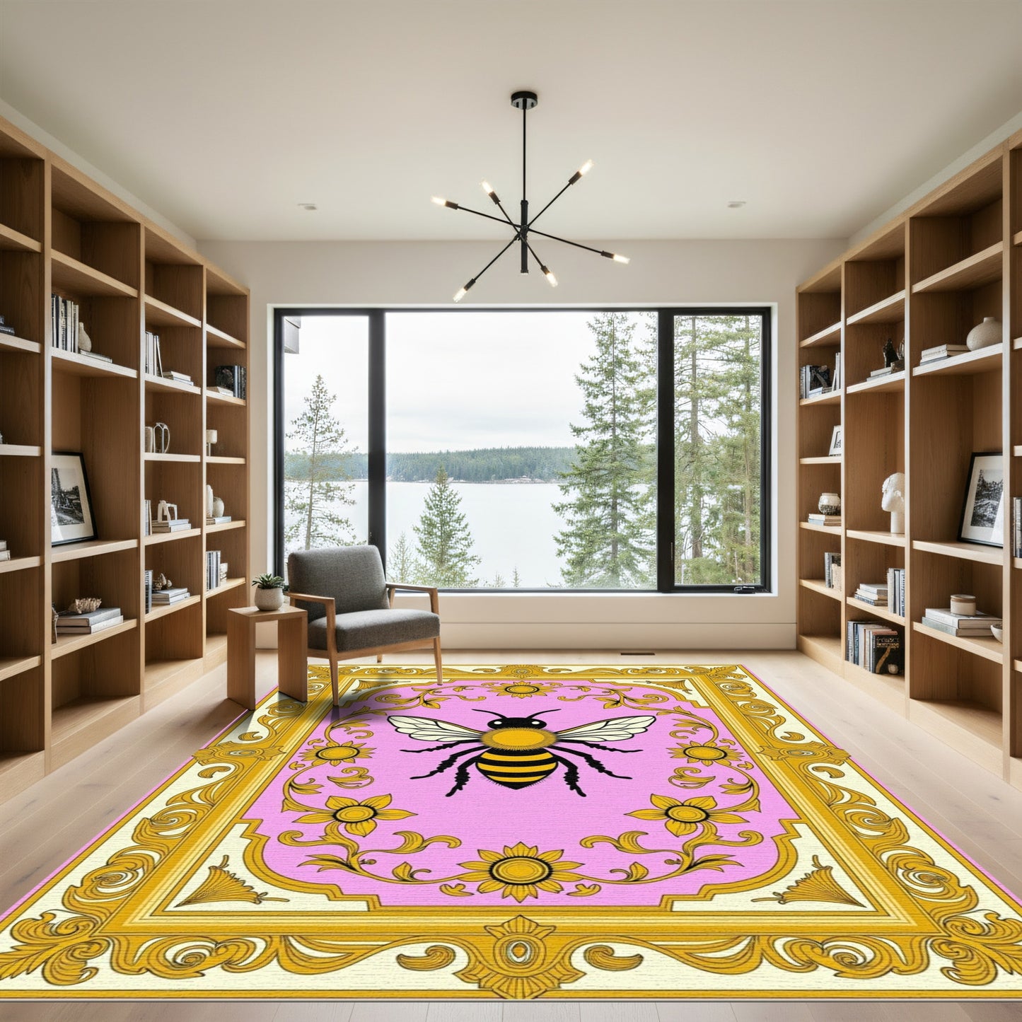 Pink Gold Baroque Bee Floral Rug