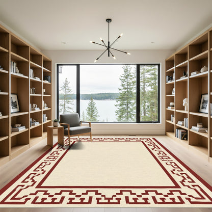 Crimson Geometric Border Cream Rug