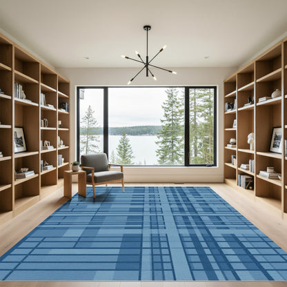 Navy Blue Geometric Plaid Square Rug